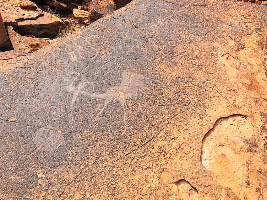 ochre rock with carving of a giraffe along with other carvings of circles 
