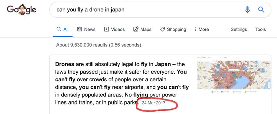 Google search for can you fly a drone in Japan showing information from March 2017 which is out of date
