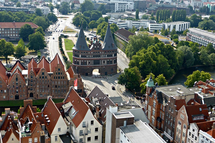 View from Petrikirche of Holstentor in Lubeck Germany One Trip at a Time