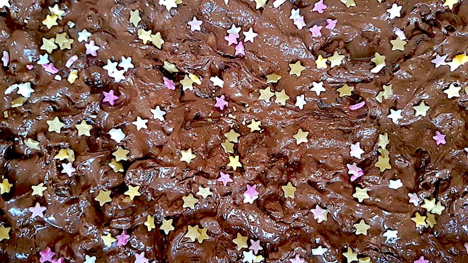 Chocolate with raisins mixed in and sprinkled with small edible silver, pink and gold stars - the favourite Christmas Bake of Susie from Quick and Easy Recipes