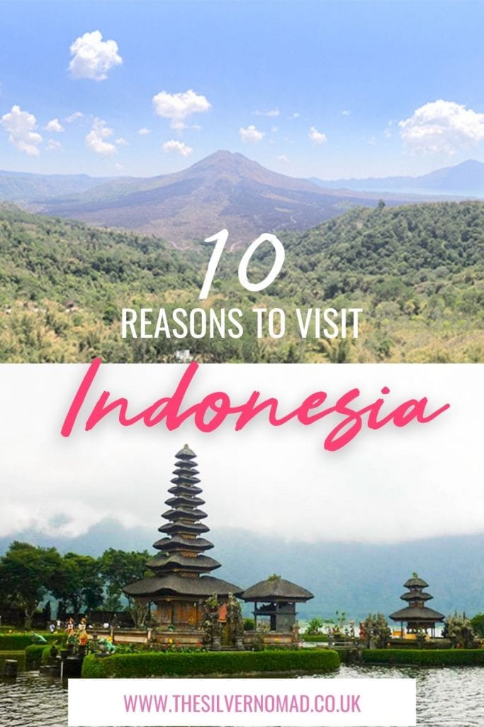 split image of a mountain with green hills in the foreground and blue skies, above an image of balinese temples floating on water with the words 10 reasons to visit Indonesia superimposed