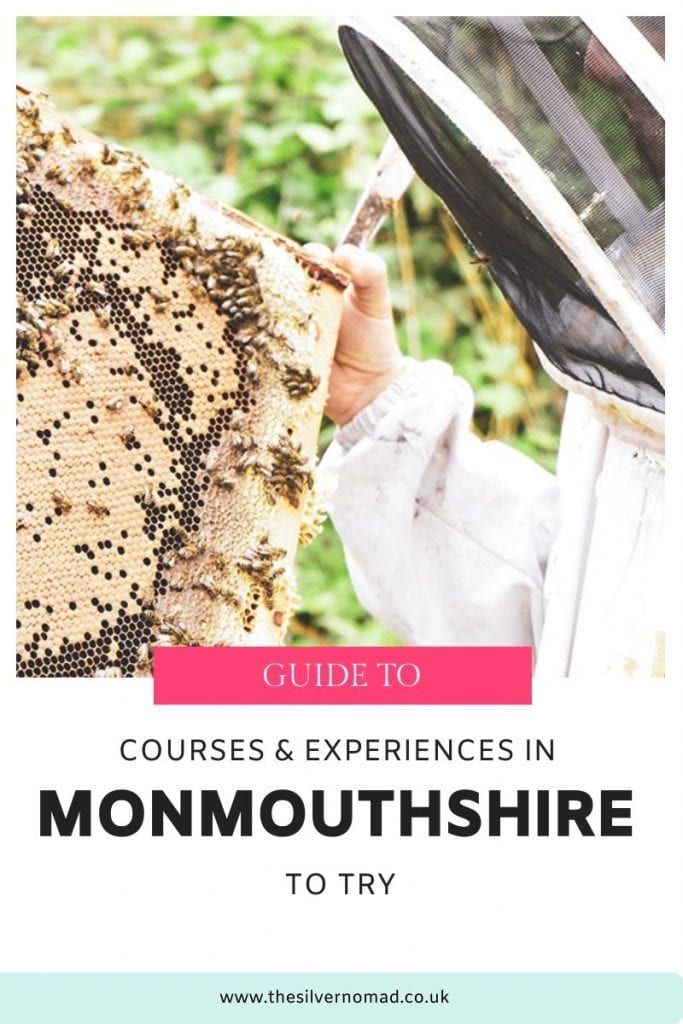 Image of man in bee protection suit holding a honeycomb covered in bees with text below saying Guide to Courses & experiences in Monmouthshire