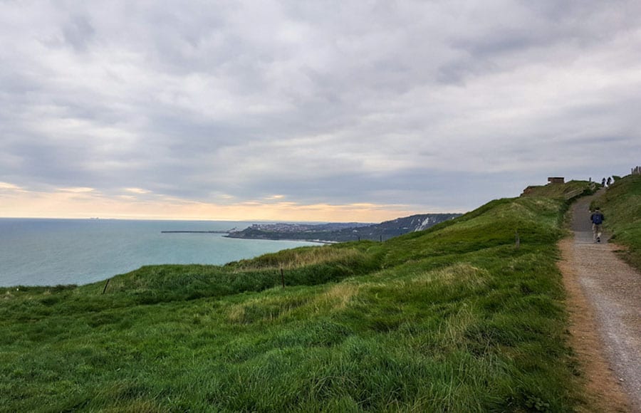 The coast at Dover looking over the grass towards the sea and coast