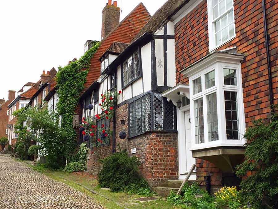 row of quaint cottages with red roses round tudor windows and a cobbled path