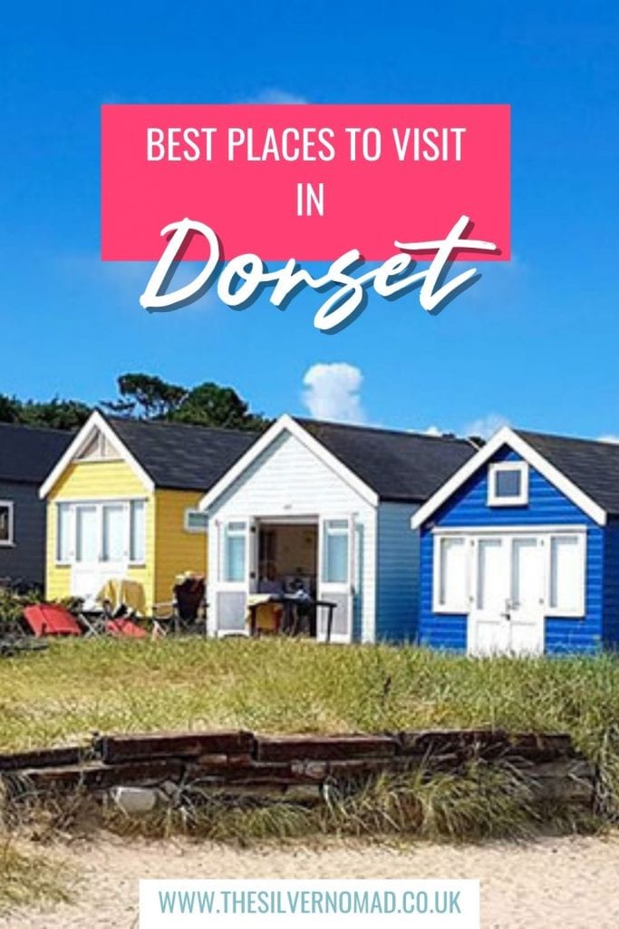 yelllow, white and blue beach houses with Best Places to visit in Dorset superimposed