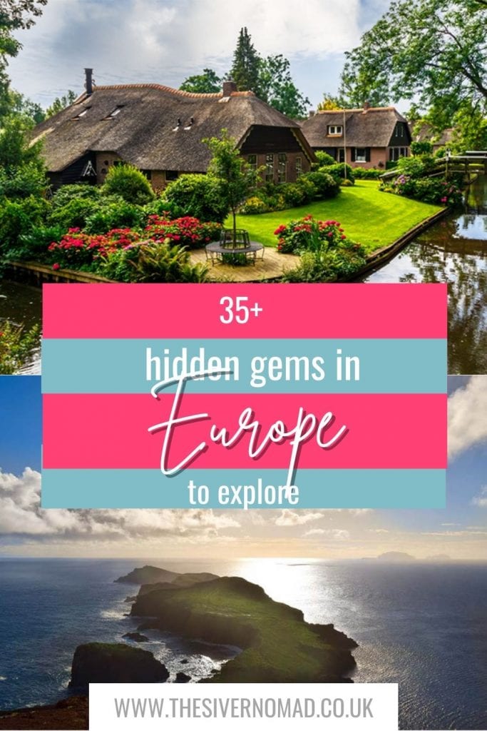 picture of thatched low roof house on top and the Madeira islands below with 35+ Hidden Gems in Europe to explore superimposed