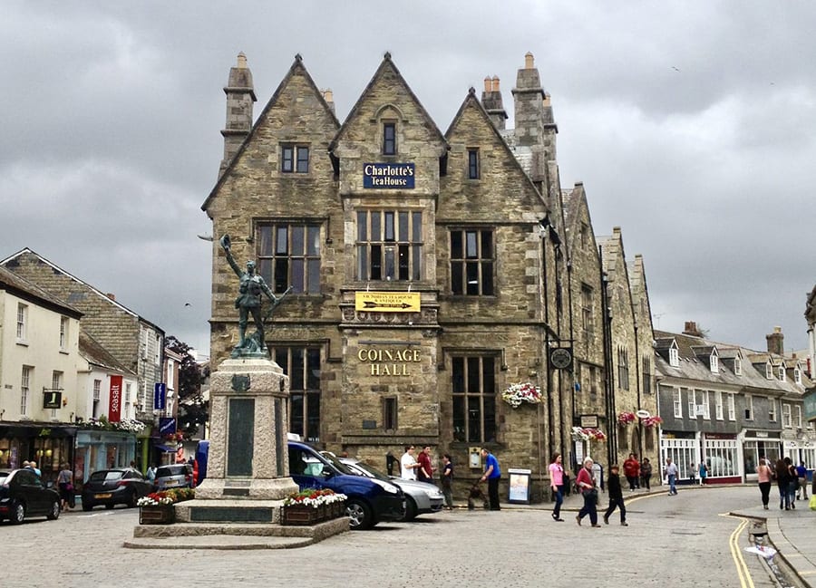 Charlote's Teahouse building in Truro with a frontage saying Coinage Hall and three pointed roofs