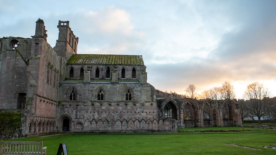 ruins of Melrose Abbey with flying butresses and arches - one of the hidden gems in Scotland