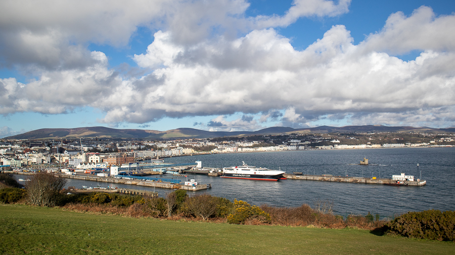 View of Douglas from Douglas Head with ferry in port and the town behind