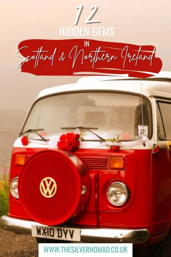 red vw camper van with 12 Hidden Gems in Scotland & Northern Ireland text superimposed on it