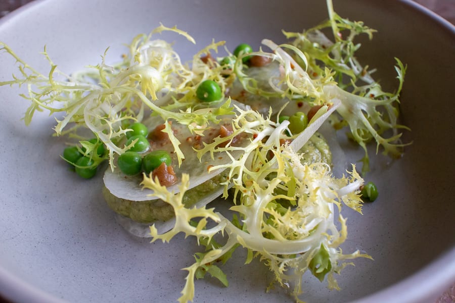 discs of Kohlrabi with pea and avocado and frisée lettuce
