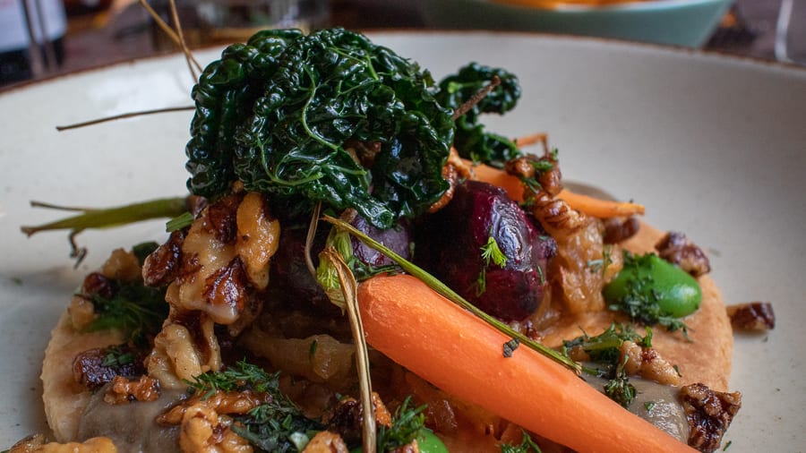 Tart finé with heritage carrots and beetroot and caramelised onions