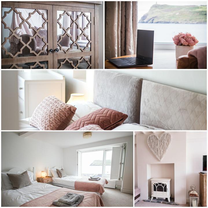 five images of Seaview cottage in Port Erin, Isle of Man showing views out to sea, and bedrooms all decorated in soft pinks and peaches