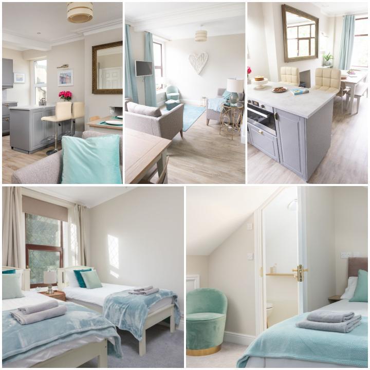 five images of Palm Villa in Port Erin, Isle of Man showing the kitchen, lounge and bedrooms all decorated in soft greys and turquoises