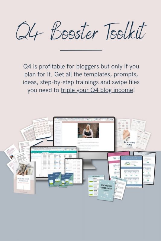 Pinterest Pin with Q4 is profitable for bloggers but only if you plan for it. Get all the templates, prompts, ideas, step-by-step trainings and swipe files you need to triple your Q4 blog income n it