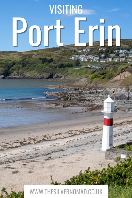 Visiting Port Erin with an image of the beach and a red and white light house