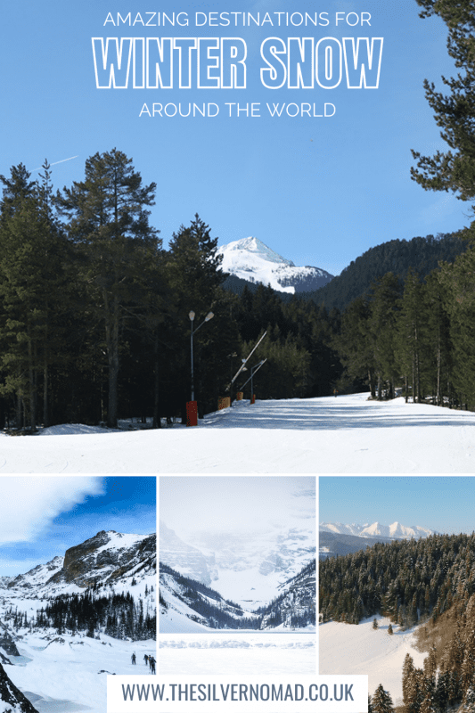 4 photos of snow covered hills with Discover Amazing Destinations for Winter Snow around the World written on top