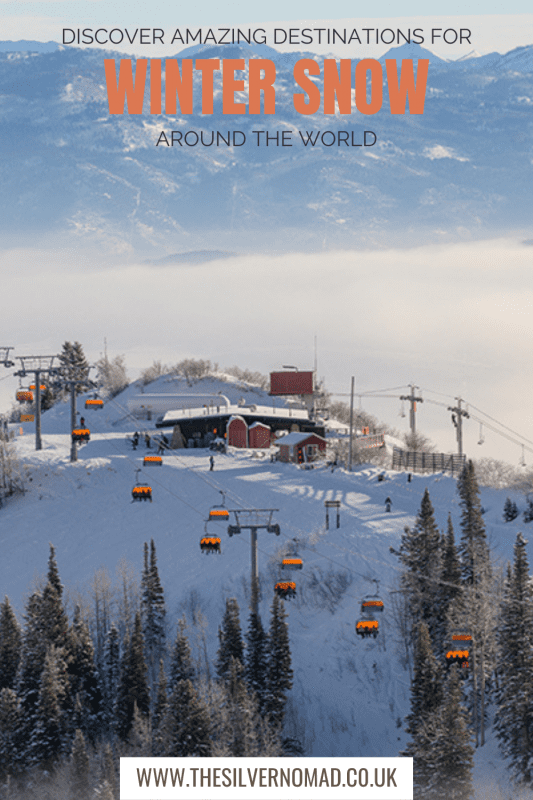 Snow covered hills with a lodge and orange ski-lifts with Discover Amazing Destinations for Winter Snow around the World on top