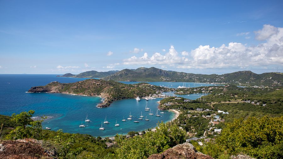 View from Shirley Heights, Antigua over English Harbour with yachts in the bay