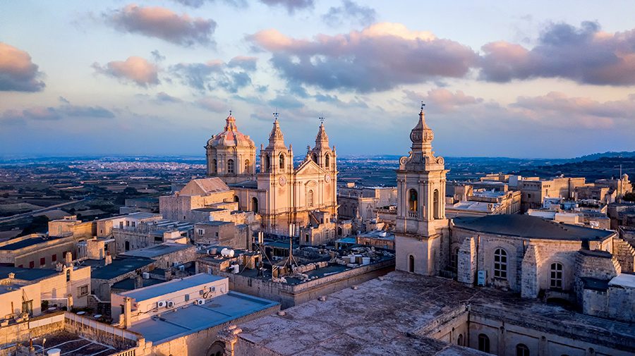 Cathedral in Valetta in the winter sun from above