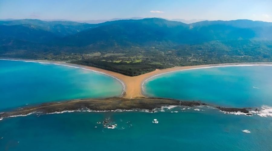 The "Whales Tail" in Ulvita, Costa Rica where low tide leaves an expanse of sand creating the illusion of a whales tail