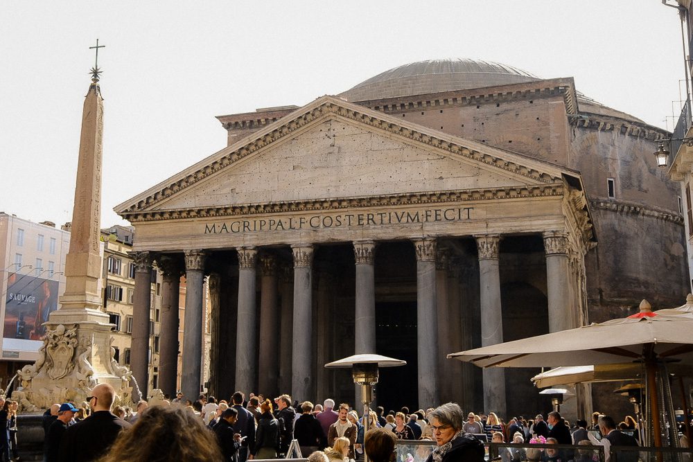 The Pantheon in Rome with a triangular pediment and 9 supporting columns