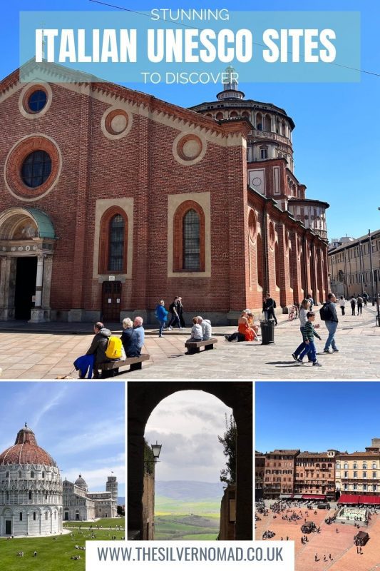 One large and 3 small views of UNESCO sites in Italy