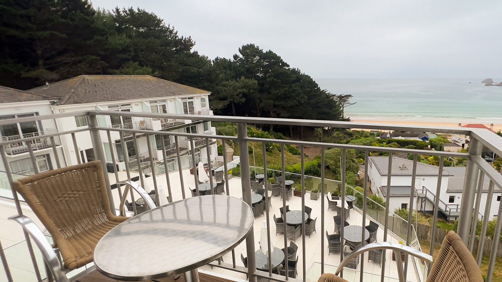 Balcony at the Biarritz hotel overlooking the terrace and St Brelade's Bay