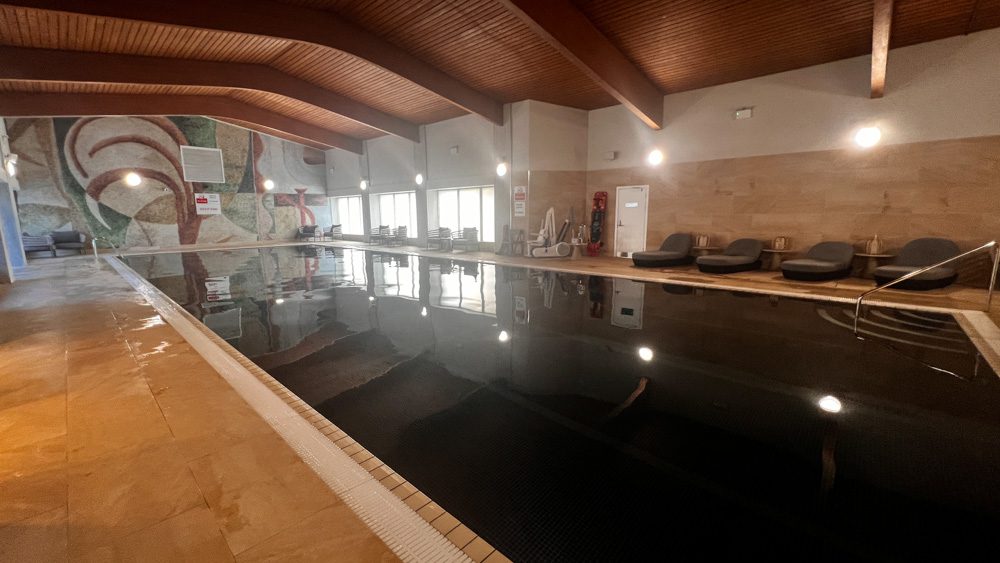 Enjoy a swim in the 20 metre pool with loungers around the side and a tiled abstract mural at the far end