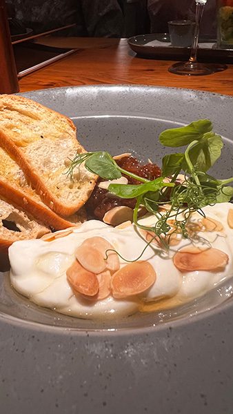 Supper in the Travelling Duke with creamy goats cheese with flaked almonds and toast