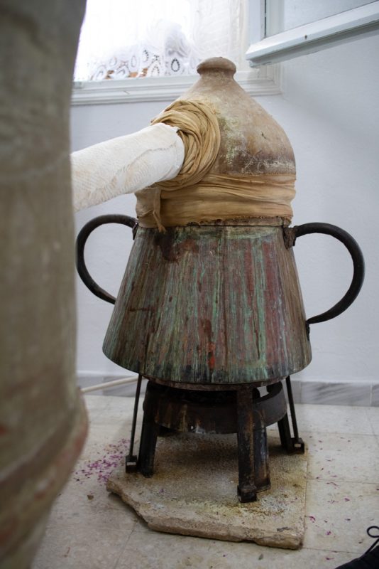 copper still with turquoise