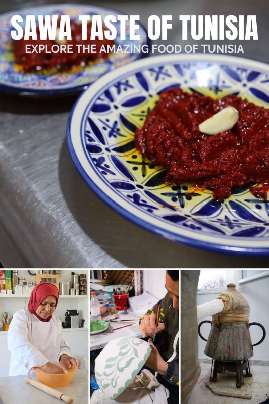 Sawa Taste of Tunisia Day 1 with 4 pictures - main one red harissa on blue and white plate; the bottom left a Tunisian woman in a white apron and red scarf mixing dough in a orange bowl; middle picture man painting a white bowl with green flower pattern; bottom right a copper still for floral waters with green streaks on it