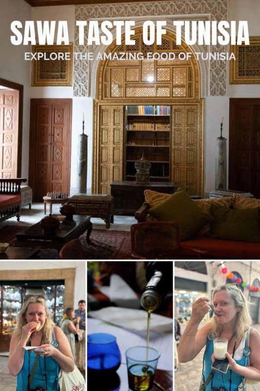 Sawa Taste of Tunisia Day 1 with 4 pictures - main one a room in d'Elanger palace with ornate gold fretwork to library and couches; bottom left woman in turquoise dress sampling food in a market; middle picture olive oil being poured into a glass cup; bottom right a woman in turquoise dress trying fermented milk