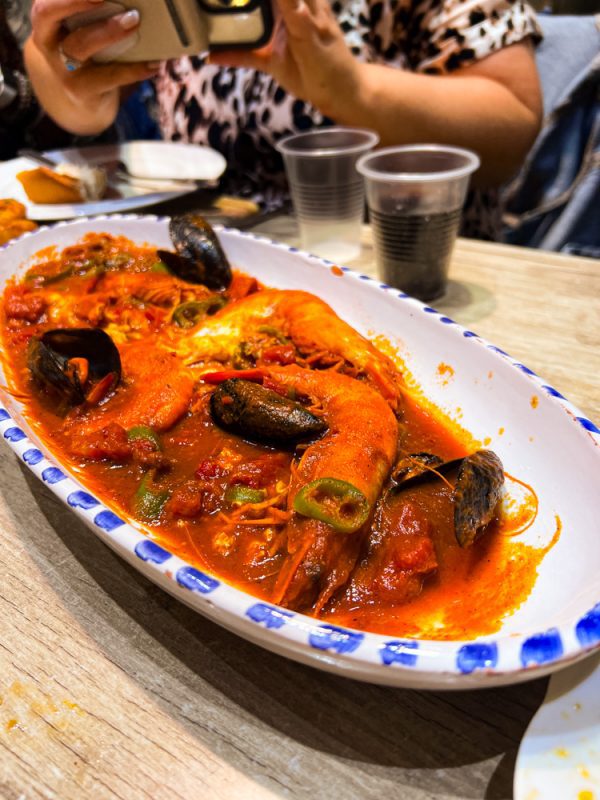 Seafood stew with prawns, mussels in tomato and chilli pepper sauce