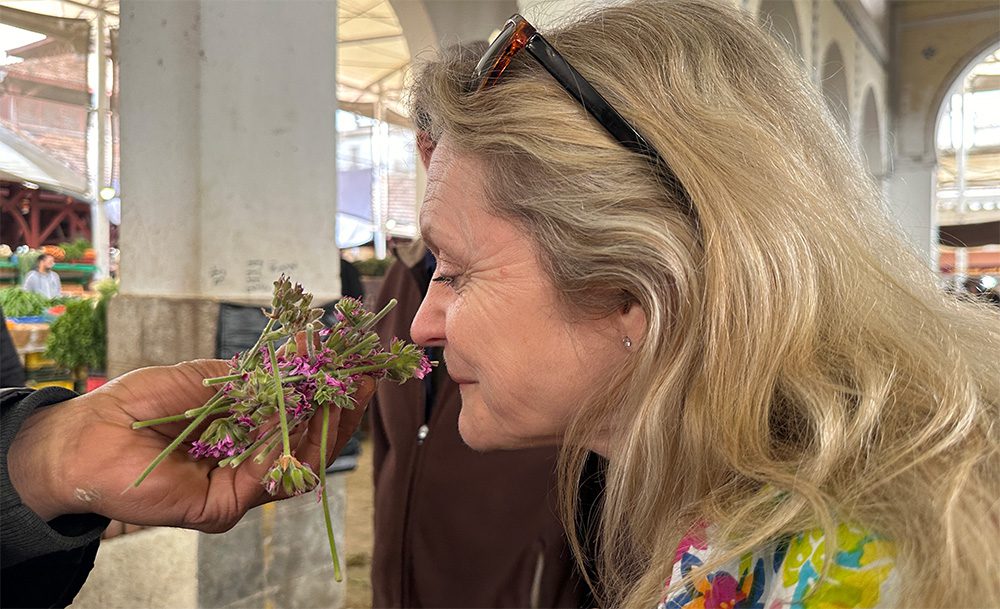 smelling the geranium flowers