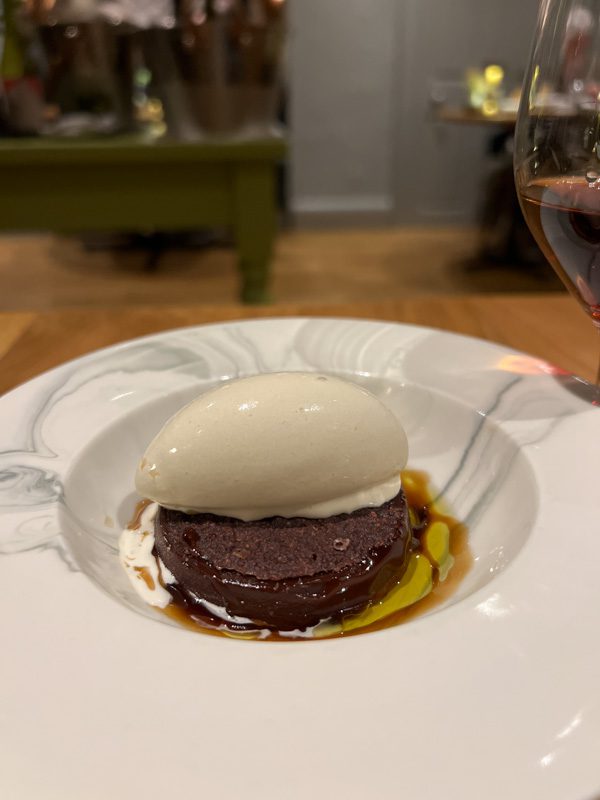 chocolate disc ice cream with green olive oil, Pedro Ximenez sherry