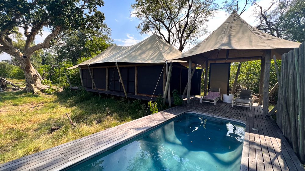 My luxury tent at Xaranna Camp with plunge pool, canopied sala with two loungers, and tented living area
