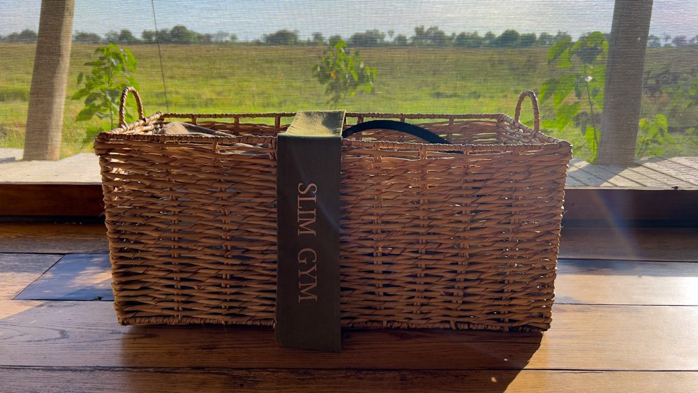 Basket filled with gym equipment
