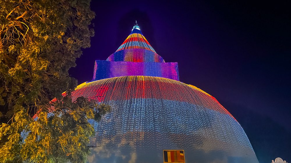 Stupa covered in festive lights