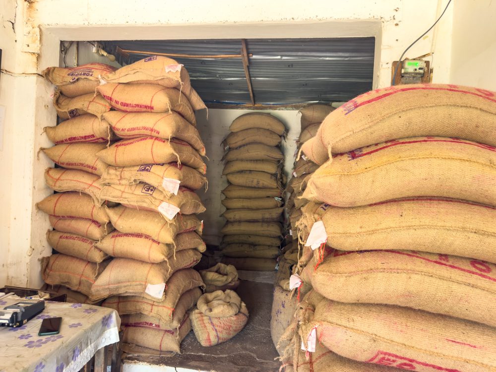 sacks of rice and grain in the village grain store